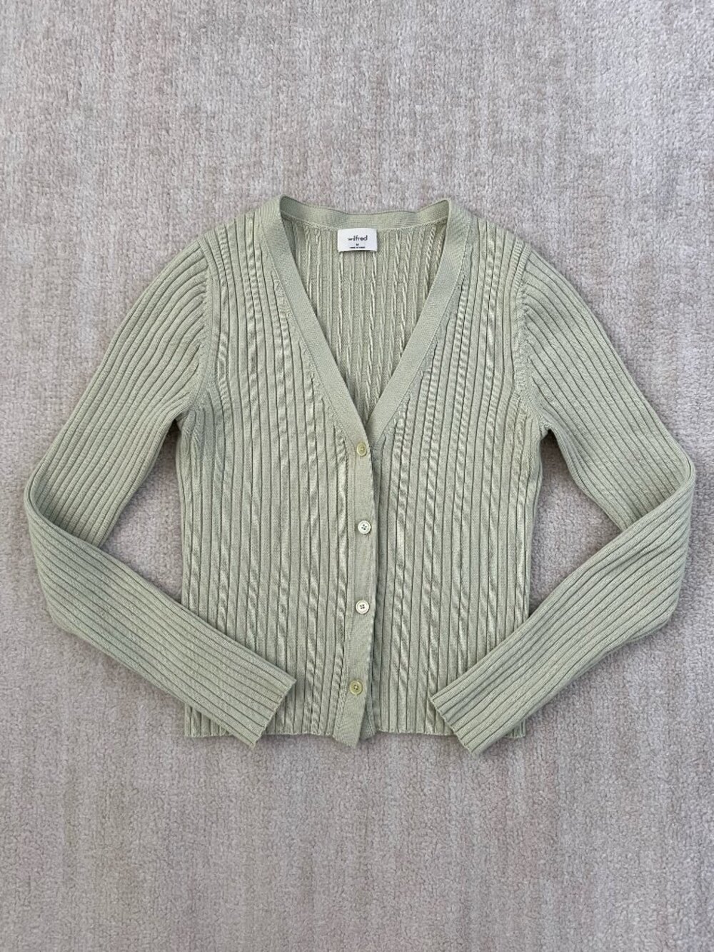 Aritzia Wilfred Ribbed V-Neck Cardigan Merino Wool Cotton Green Knit M
